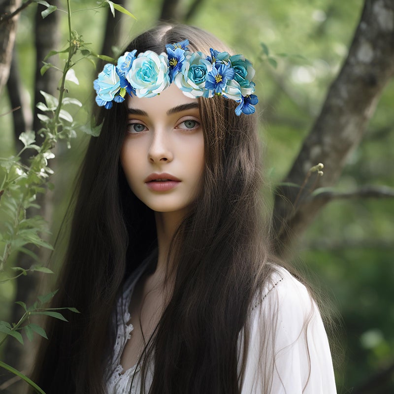 LLinfflr Floral Garland Crown Boho Flower Headband Hair Wreath Floral Halo Headpiece with Ribbon Wedding Party Blue - Image 2